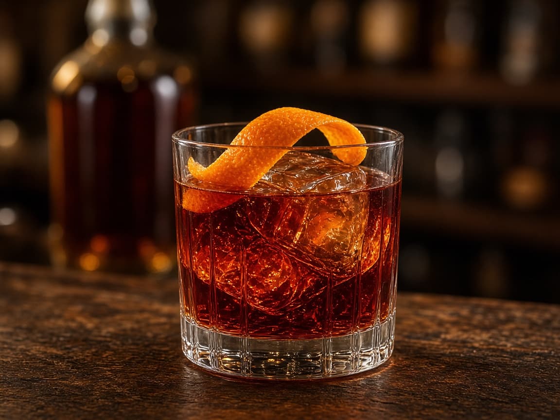 Illustrative Boulevardier cocktail in a rocks glass with orange peel