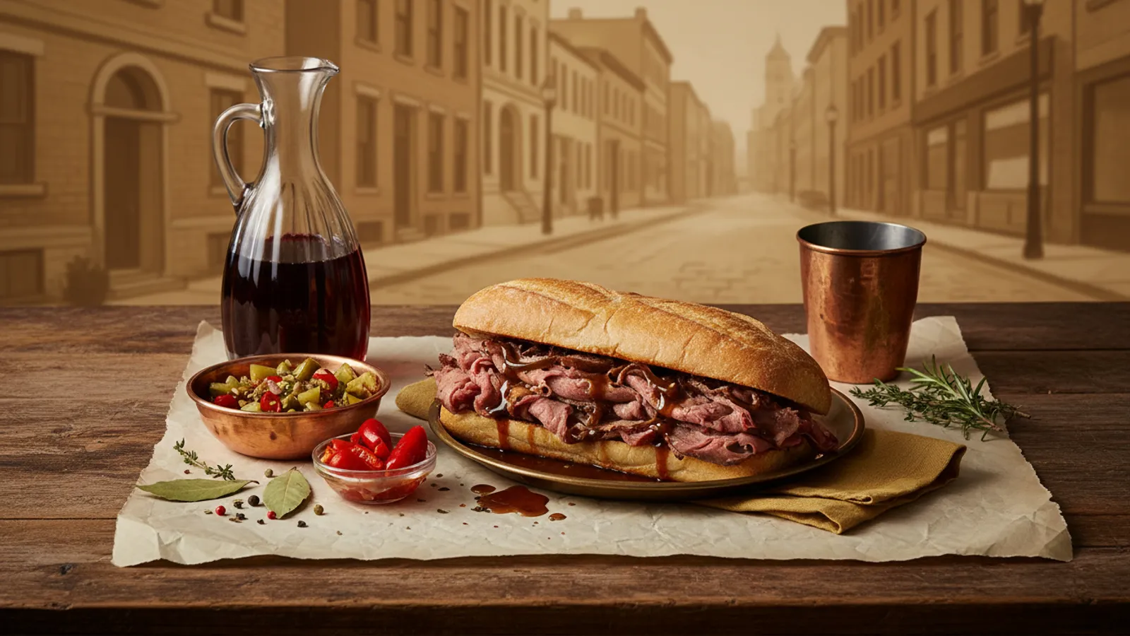 A Chicago Italian beef sandwich with thinly sliced beef and giardiniera on an Italian roll, displayed on a wooden table.