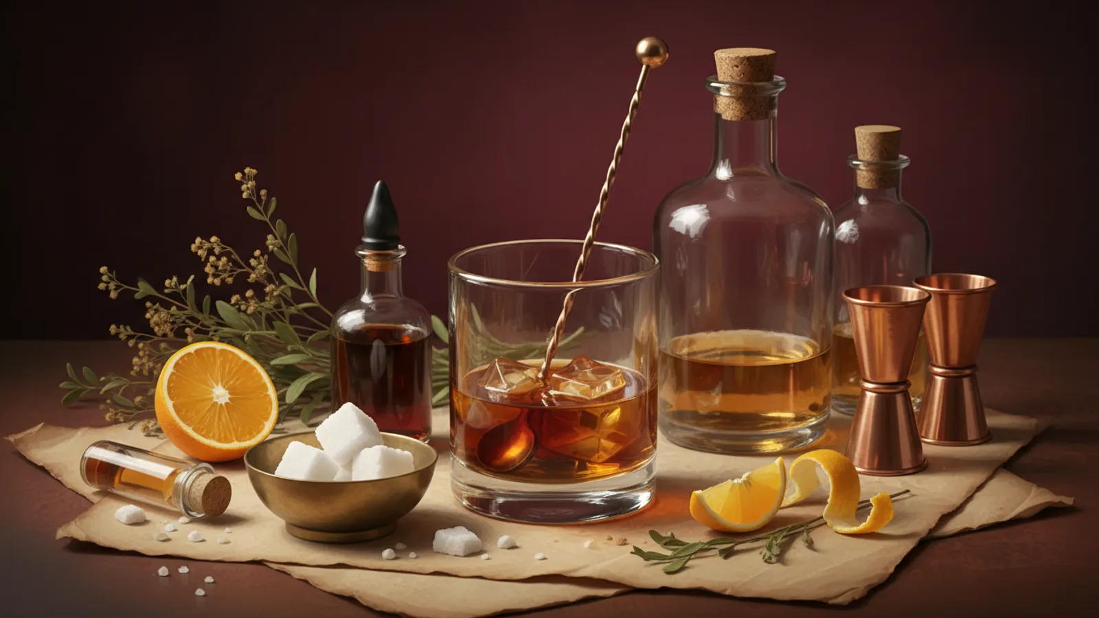 Vintage bar tools and a classic mixed drink on a wooden bar counter with an old newspaper