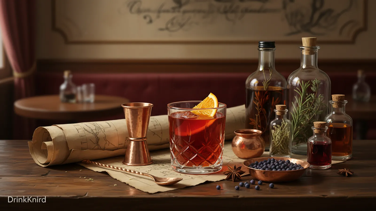 A Negroni cocktail with orange slice on a wooden bar counter in a warm, vintage Italian café setting