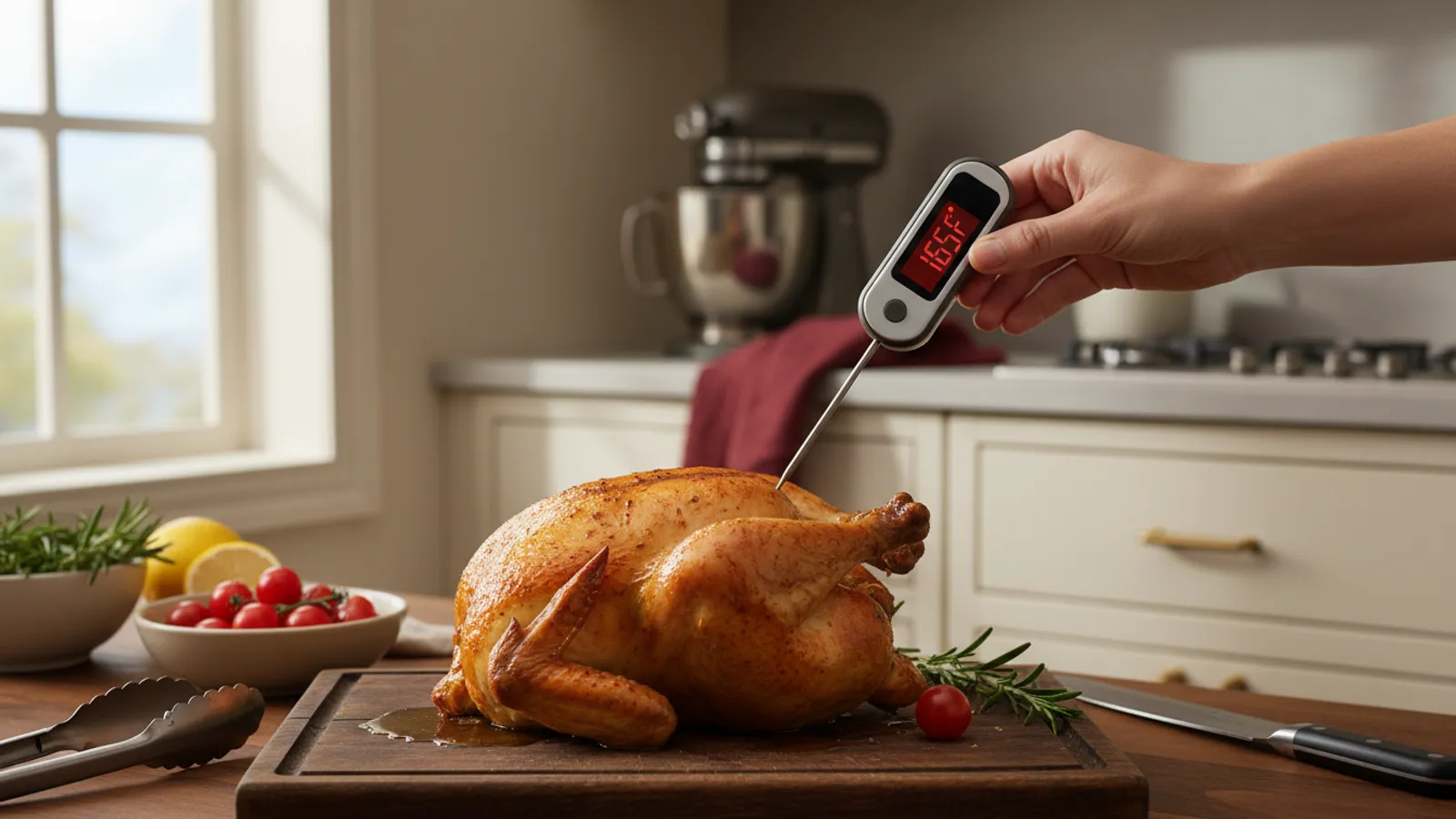 Home cook measuring internal temperature of roasted chicken with digital thermometer